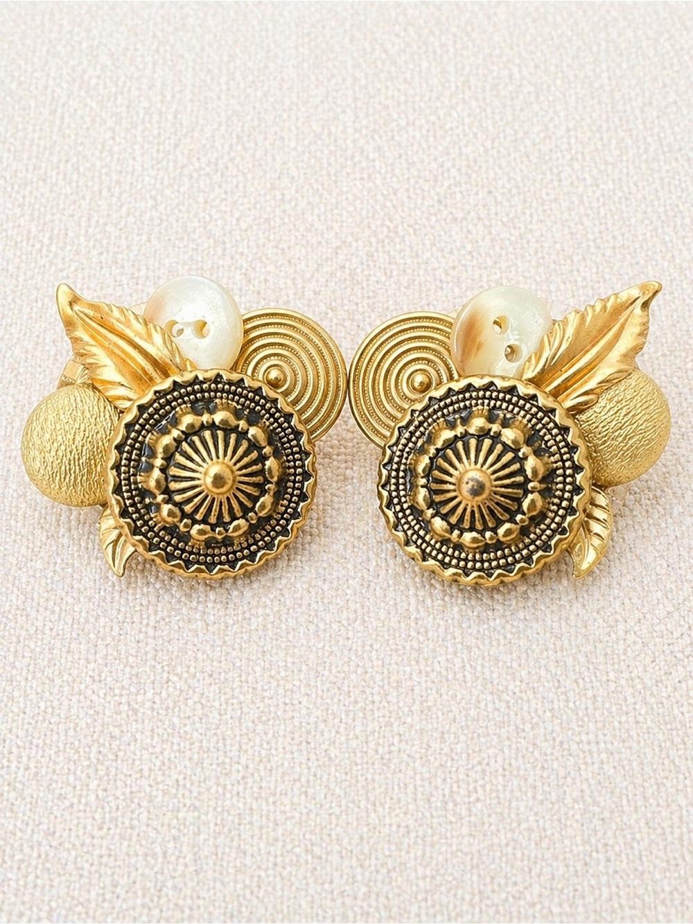 Vintage Gold Statement Clip-On Earrings Ornate Leaf Medallion Textured